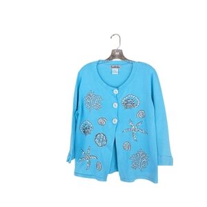 Timberlea Teal Seashell Embroidered Crew Neck Cardigan  Medium